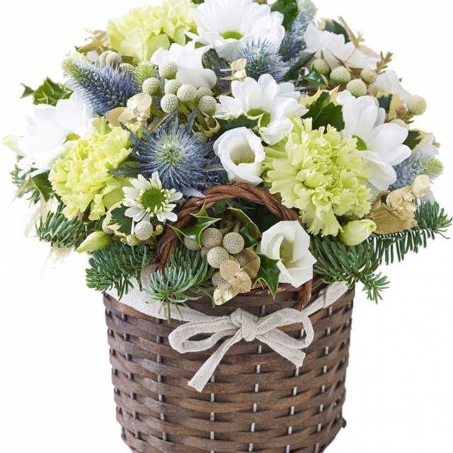 Новогодняя композиция из Сосновых веток, Гвоздик и Сантини в корзине «Нежная корзина»