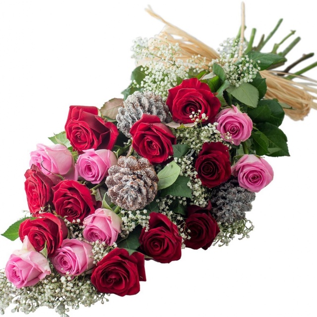 Букет из Роз, Гипсофил и Сосновых шишек «Льдинка»