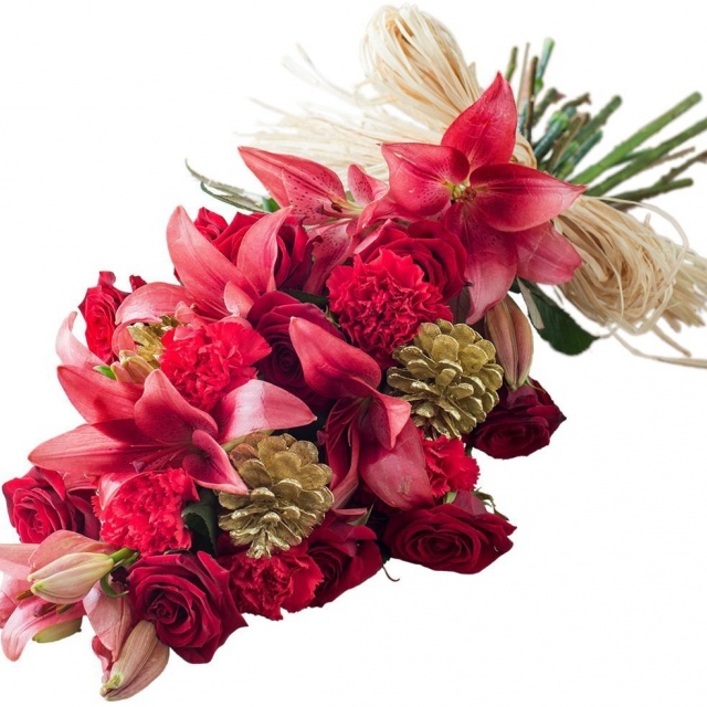 Букет из Роз, Гвоздик и Сосновых шишек «Яркий новый год»