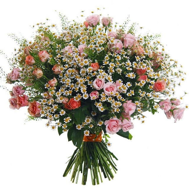 Букет из кустовых Роз и Ромашек «Прекрасное настроение»