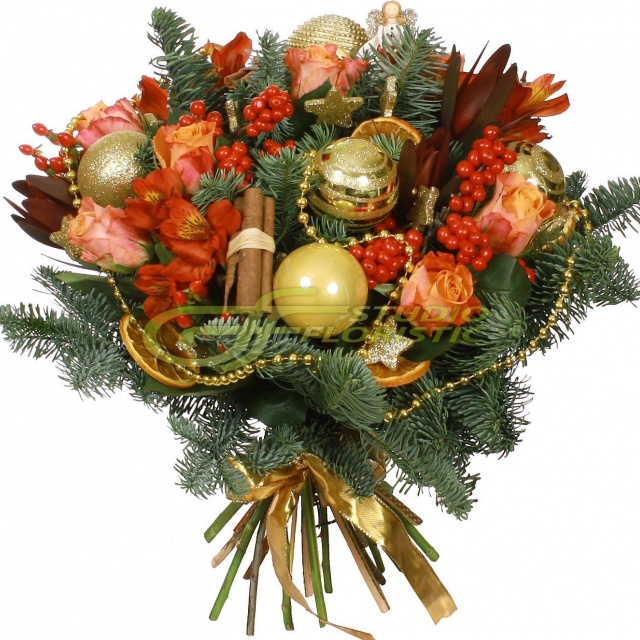 Букет новогодний из Ели, Роз и Альстромерий «Праздник» Букет новогодний из Ели, Роз и Альстромерий «Праздник»