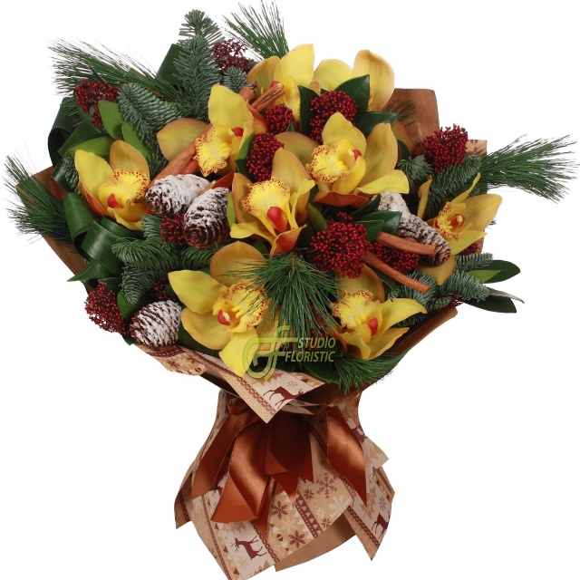 Букет новогодний из Сосны, Ели и Орхидей «Чудесный день» Букет новогодний из Сосны, Ели и Орхидей «Чудесный день»