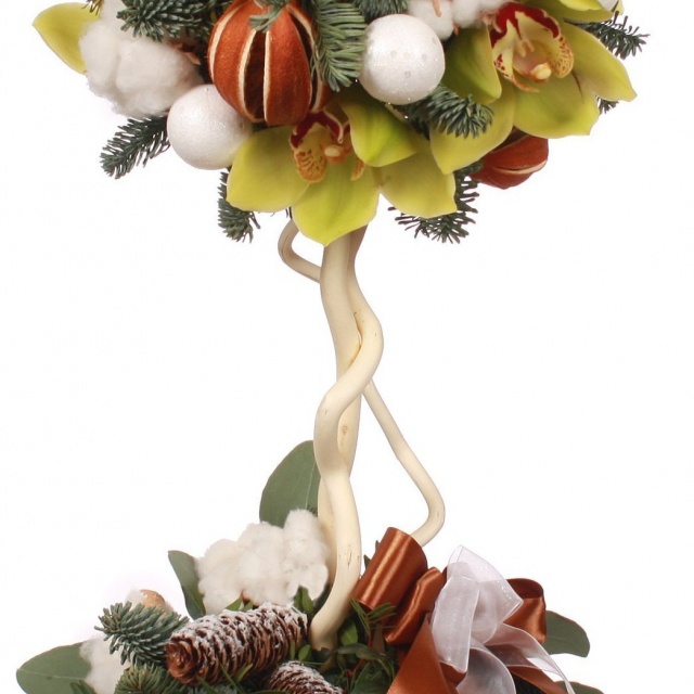 Новогодний топиарий из Ели, Орхидеи и Хлопка «Волшебная сказка»