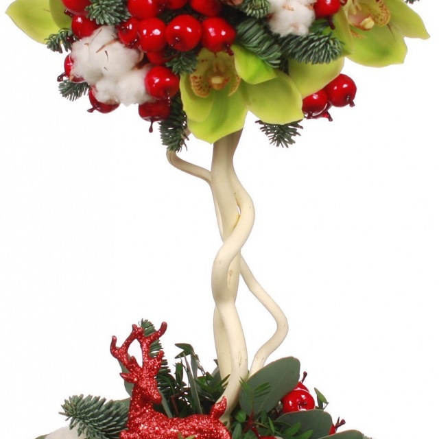 Новогодний топиарий из Ели, Орхидеи и Хлопка «Зимняя фантазия»