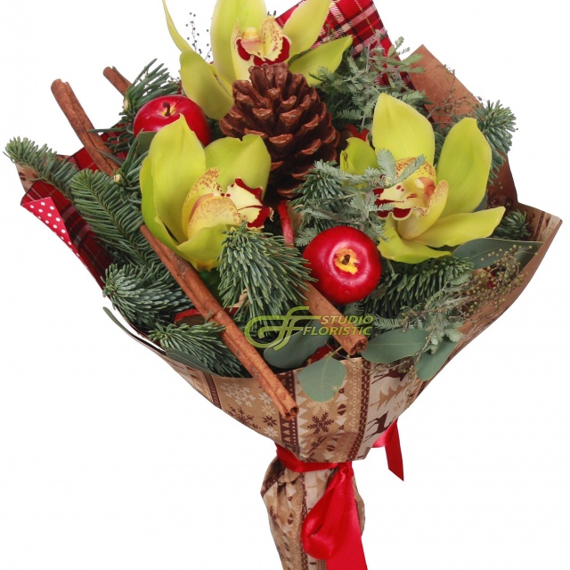 Новогодний букет из Ели и Орхидей «Позитив в морозный день»