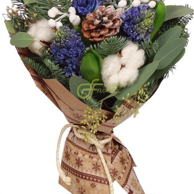 Новогодний букет из Ели, Гиацинтов и Хлопка «Снежная нега»