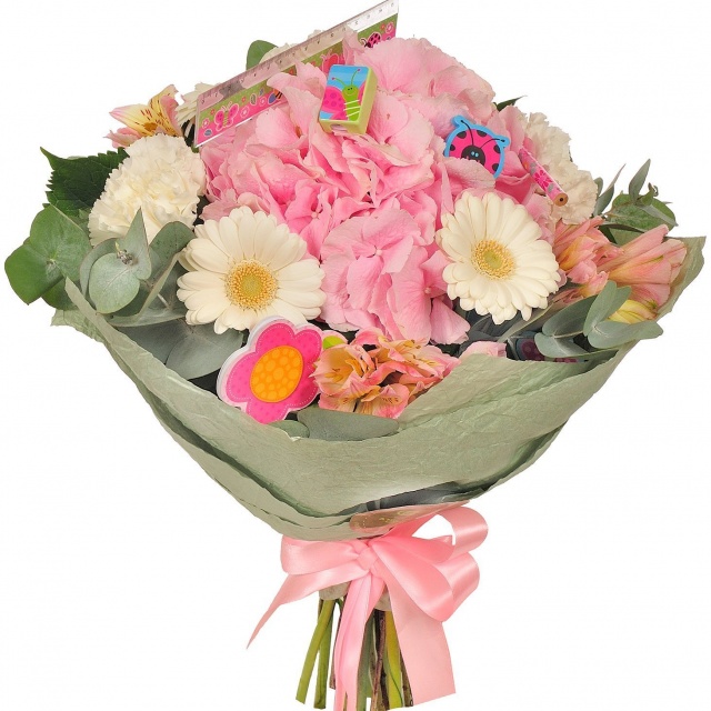 Букет из Гвоздик, Гермини, Альстромерий и Гортензии «Детство»