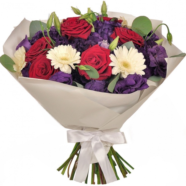 Букет из Роз, Гермини и Лизиантуса «Бархатная ночь»