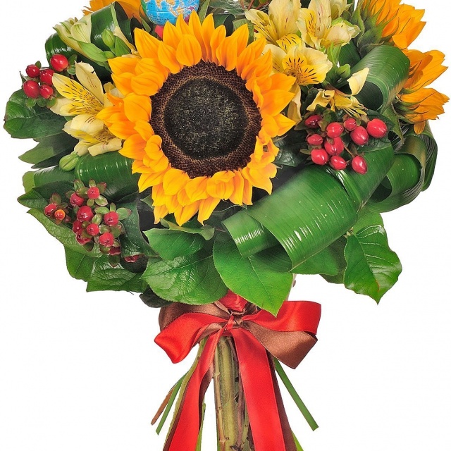 Букет из Подсолнухов, Альстромерий и Гиперикума «Снова в школу» Букет из Подсолнухов, Альстромерий и Гиперикума «Снова в школу»