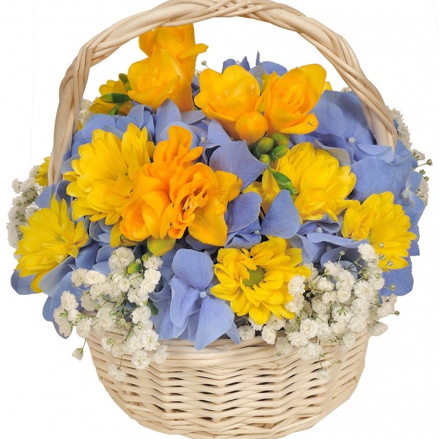 Композиция из Гортензий, Хризантем и Фрезий в корзине «Веселое звено»