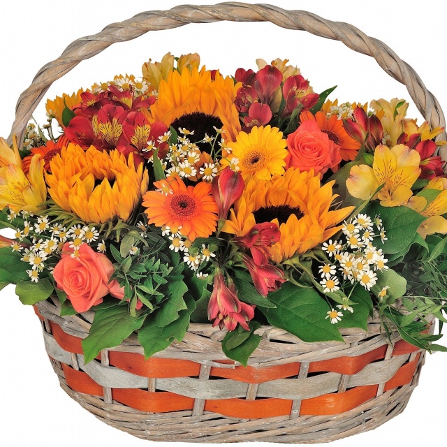 Композиция из Подсолнухов, Роз и Альстромерий в корзине «Восход»