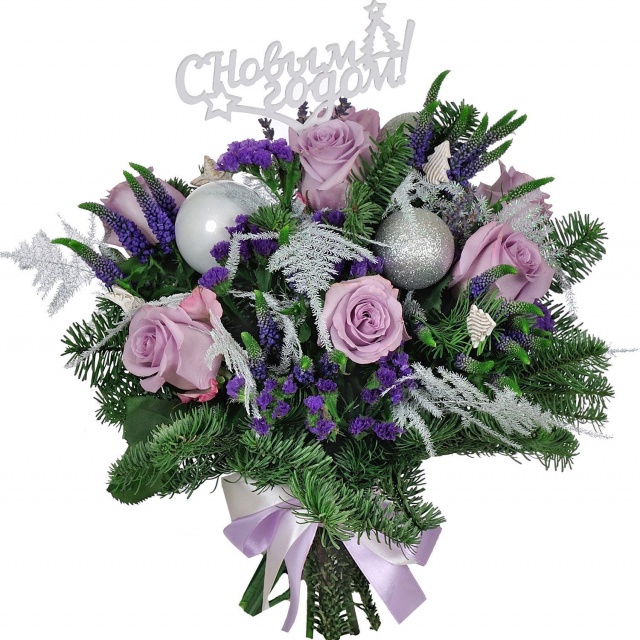 Букет новогодний из Роз, Вероники и Статицы «Новогодний бал»