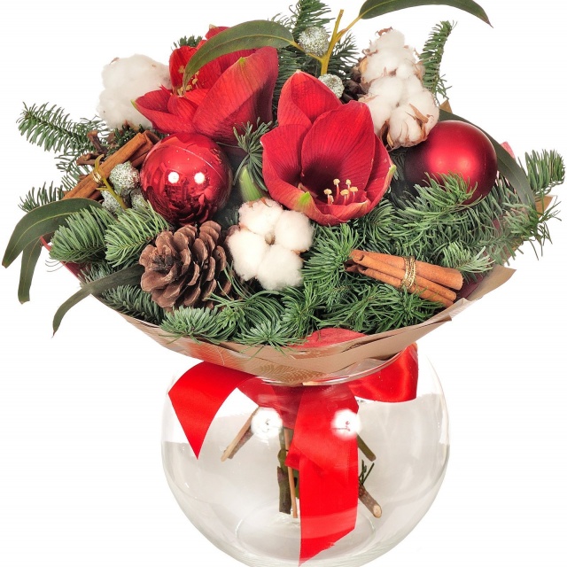 Букет новогодний с Амариллисом и Хлопком «Зимняя пора» Букет новогодний с Амариллисом и Хлопком «Зимняя пора»