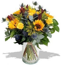 Букет из Роз, Подсолнухов и Леукадендрона «Эльдорадо»