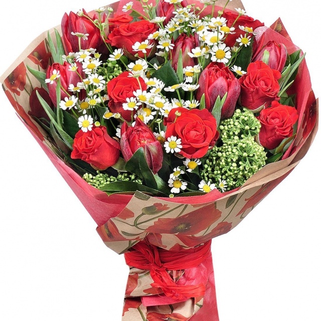 Букет из Тюльпанов, Роз и Ромашек «Благородный вкус»