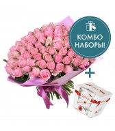 Букет из розовых роз 101 шт и конфетами Rafaello