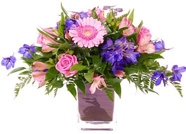 Розовые и синие цветы в вазе