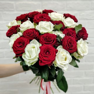 Букет из 25 роз «Микс красно-белый» под ленту 60 см
