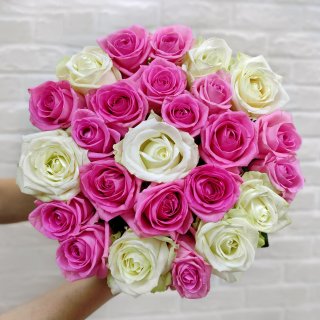 Букет из 25 роз «Микс розово-белый» под ленту 60 см