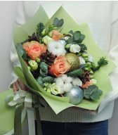 Букет Новогодний из Розы, Эустомы, Хлопка