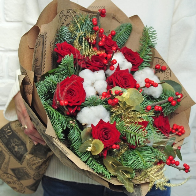 Букет Новогодний из Розы, Хлопка Красный закат