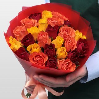 Букет из желто-красных Роз Кения 40 см 25 шт «Пламя любви»
