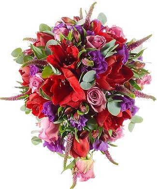 Букет из Амариллиса, Роз и Лизиантуса «Сердце в огне»