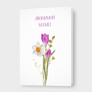 Открытка с нарциссом и тюльпанами «Любимой маме»