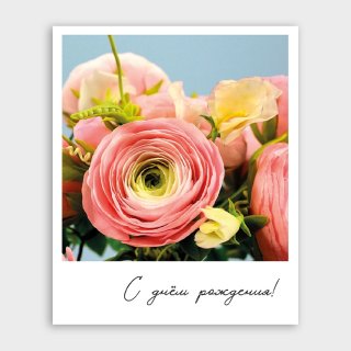 Открытка-фотокарточка с ранункулюсами «С днём рождения!»