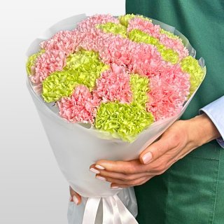 Букет из розовых и зеленых Гвоздик 25 шт «Апрельский Дождь»