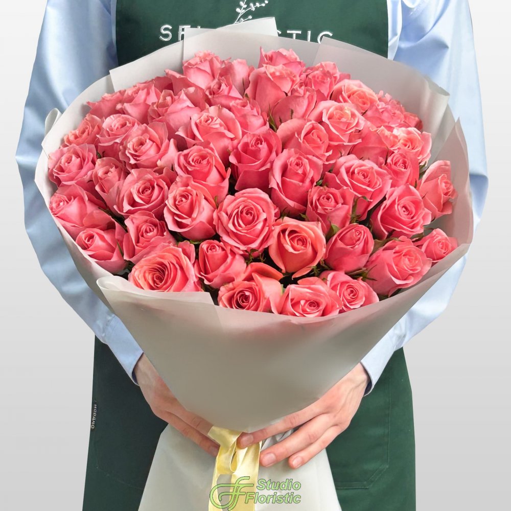 Букет из розовых Роз Кения 60 см 51 шт «Восторг без Слов» Букет из розовых Роз Кения 60 см 51 шт «Восторг без Слов»