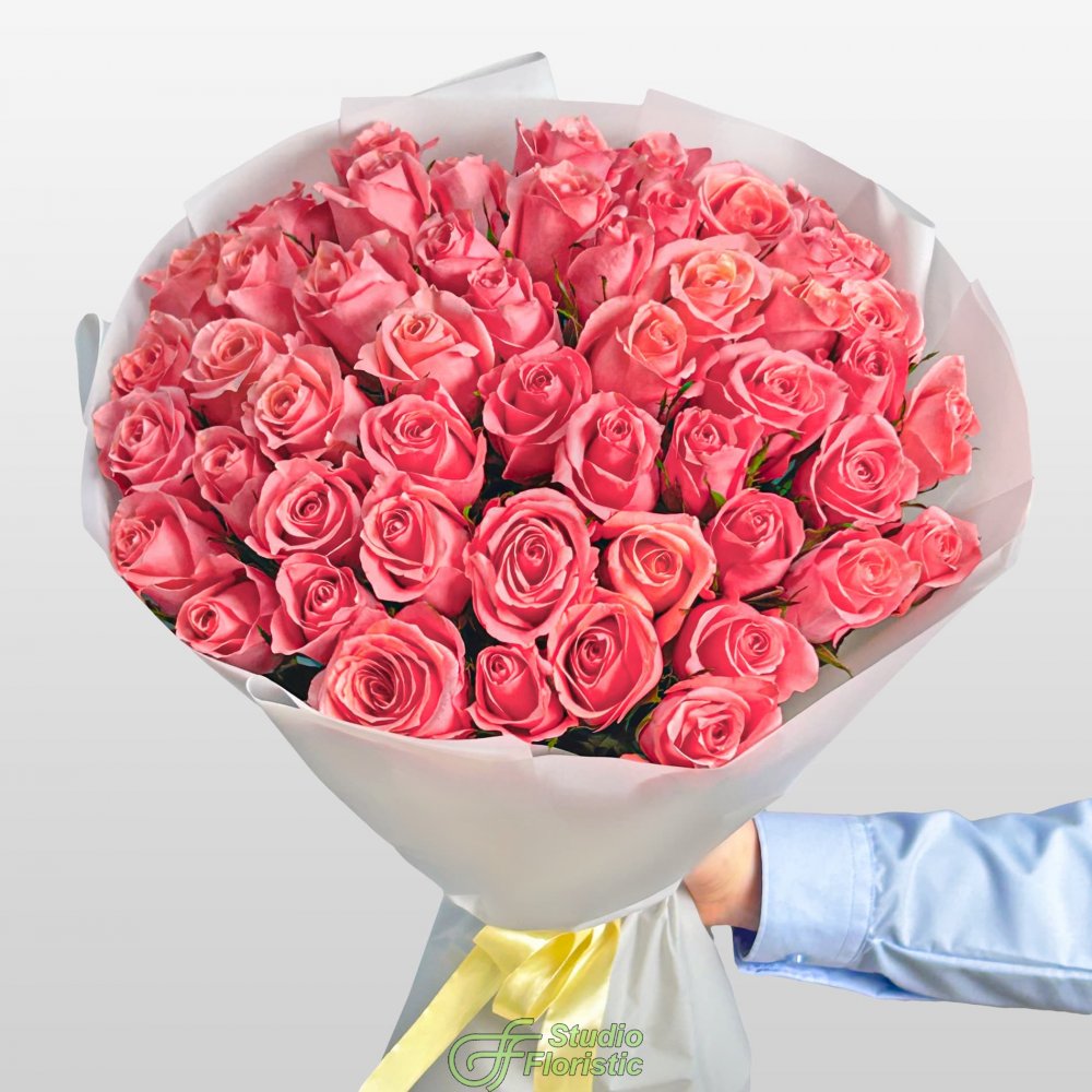Букет из розовых Роз Кения 60 см 51 шт «Восторг без Слов» Букет из розовых Роз Кения 60 см 51 шт «Восторг без Слов»