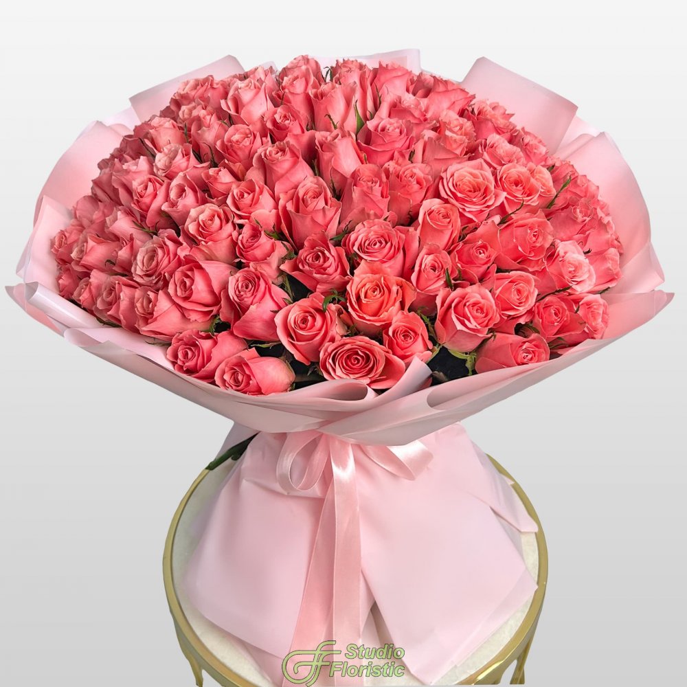 Букет из розовых Роз Кения 60 см 101 шт «Слияние Сердец» Букет из розовых Роз Кения 60 см 101 шт «Слияние Сердец»