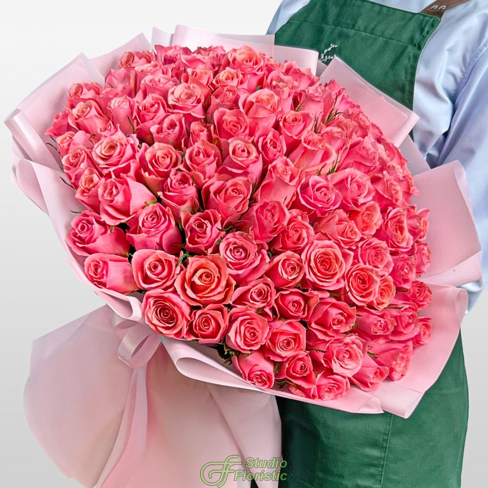 Букет из розовых Роз Кения 60 см 101 шт «Слияние Сердец» Букет из розовых Роз Кения 60 см 101 шт «Слияние Сердец»