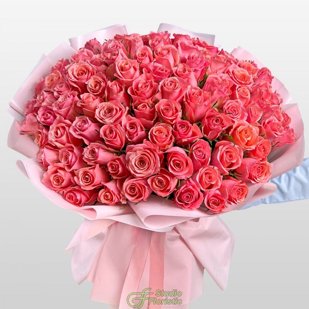 Букет из розовых Роз Кения 60 см 101 шт «Слияние Сердец» Букет из розовых Роз Кения 60 см 101 шт «Слияние Сердец»