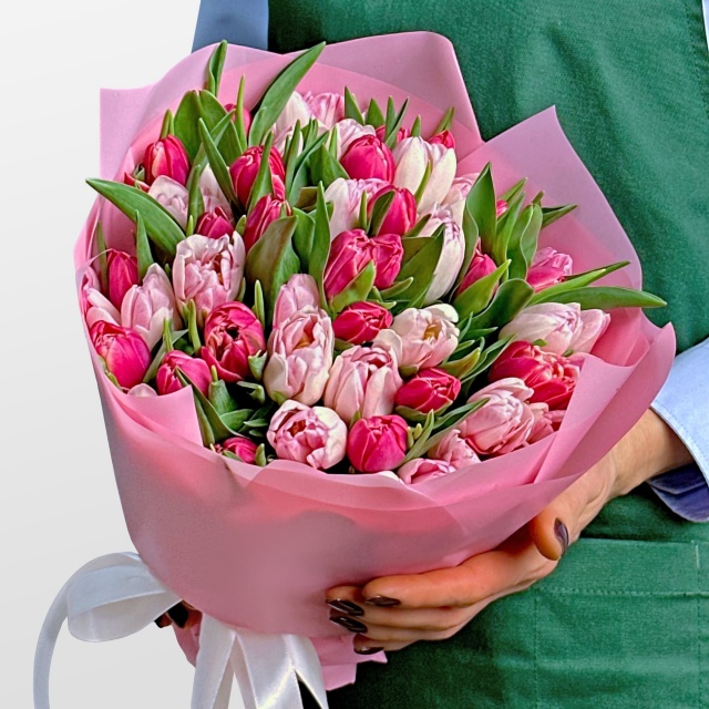 Букет из нежно-розовых и малиновых Пионовидных Тюльпанов 51 шт «Закат на Ривьере»