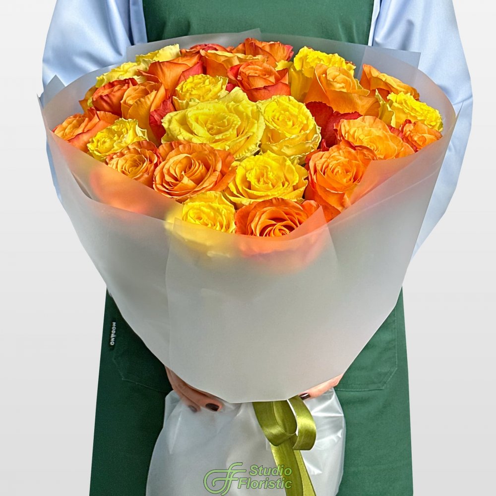 Букет из Роз Кения 60 см желто-оранжевый микс 31 шт «Осенний Поцелуй» Букет из Роз Кения 60 см желто-оранжевый микс 31 шт «Осенний Поцелуй»