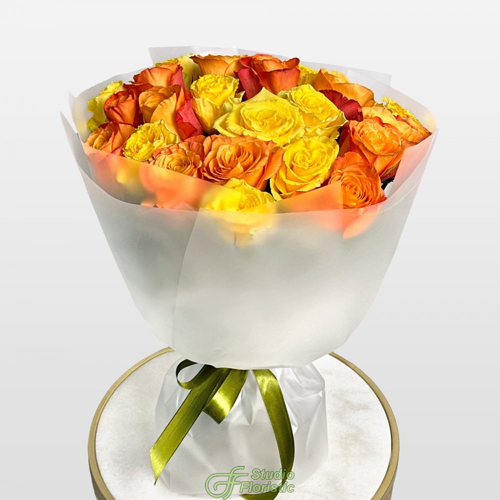 Букет из Роз Кения 60 см желто-оранжевый микс 31 шт «Осенний Поцелуй» Букет из Роз Кения 60 см желто-оранжевый микс 31 шт «Осенний Поцелуй»