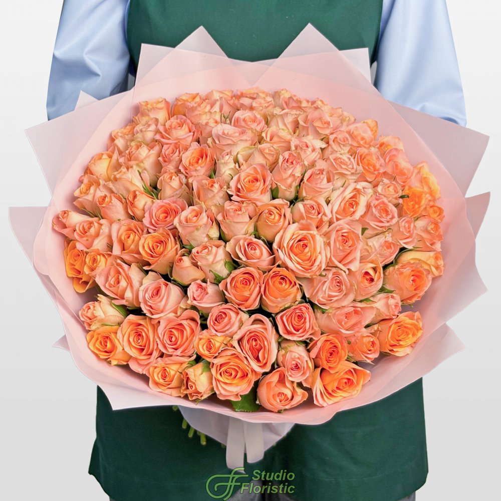 Букет из персиковых Роз Кения 40 см 101 шт «Нежность шампани» Букет из персиковых Роз Кения 40 см 101 шт «Нежность шампани»