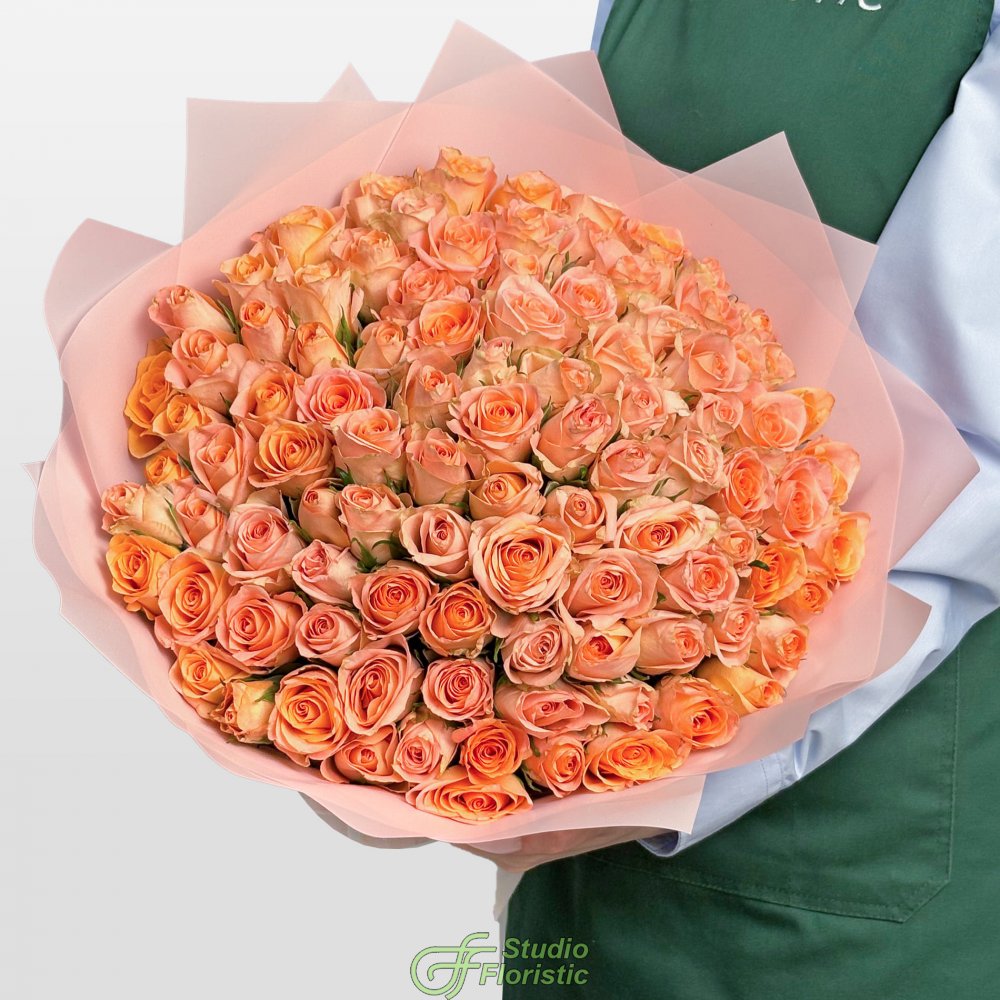 Букет из персиковых Роз Кения 40 см 101 шт «Нежность шампани» Букет из персиковых Роз Кения 40 см 101 шт «Нежность шампани»
