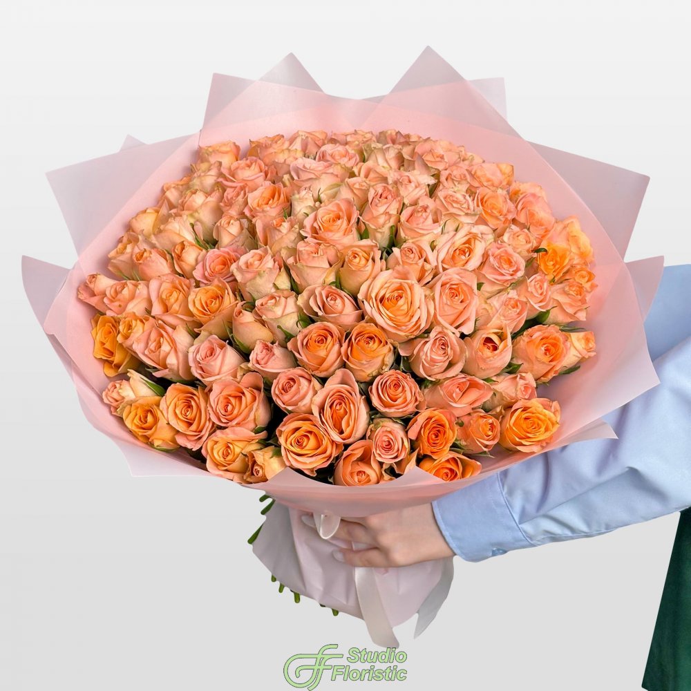 Букет из персиковых Роз Кения 40 см 101 шт «Нежность шампани» Букет из персиковых Роз Кения 40 см 101 шт «Нежность шампани»