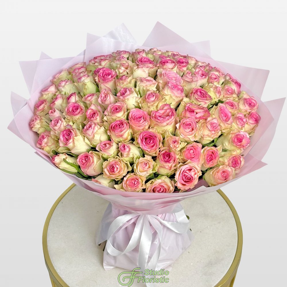 Букет из белых Роз Кения с розовой каймой 40 см 101 шт «Сладкий Секрет» Букет из белых Роз Кения с розовой каймой 40 см 101 шт «Сладкий Секрет»