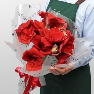 Букет из Амариллиса 5 шт «Огонек на Снегу»