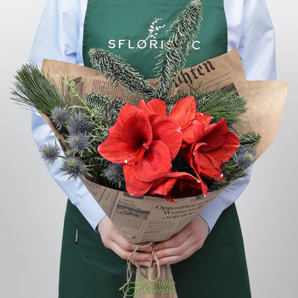 Новогодний букет из Амариллиса и Эрингиума «Рождественский Свет» Новогодний букет из Амариллиса и Эрингиума «Рождественский Свет»