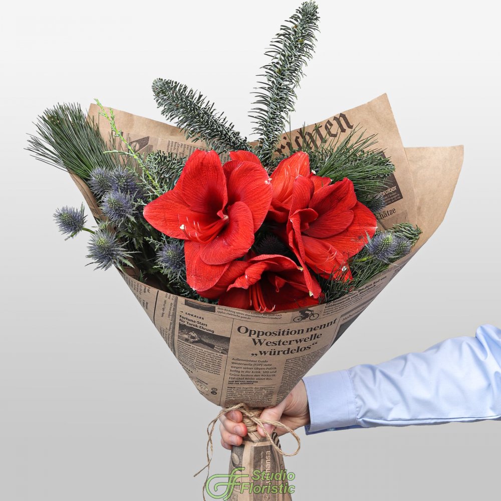 Новогодний букет из Амариллиса и Эрингиума «Рождественский Свет» Новогодний букет из Амариллиса и Эрингиума «Рождественский Свет»