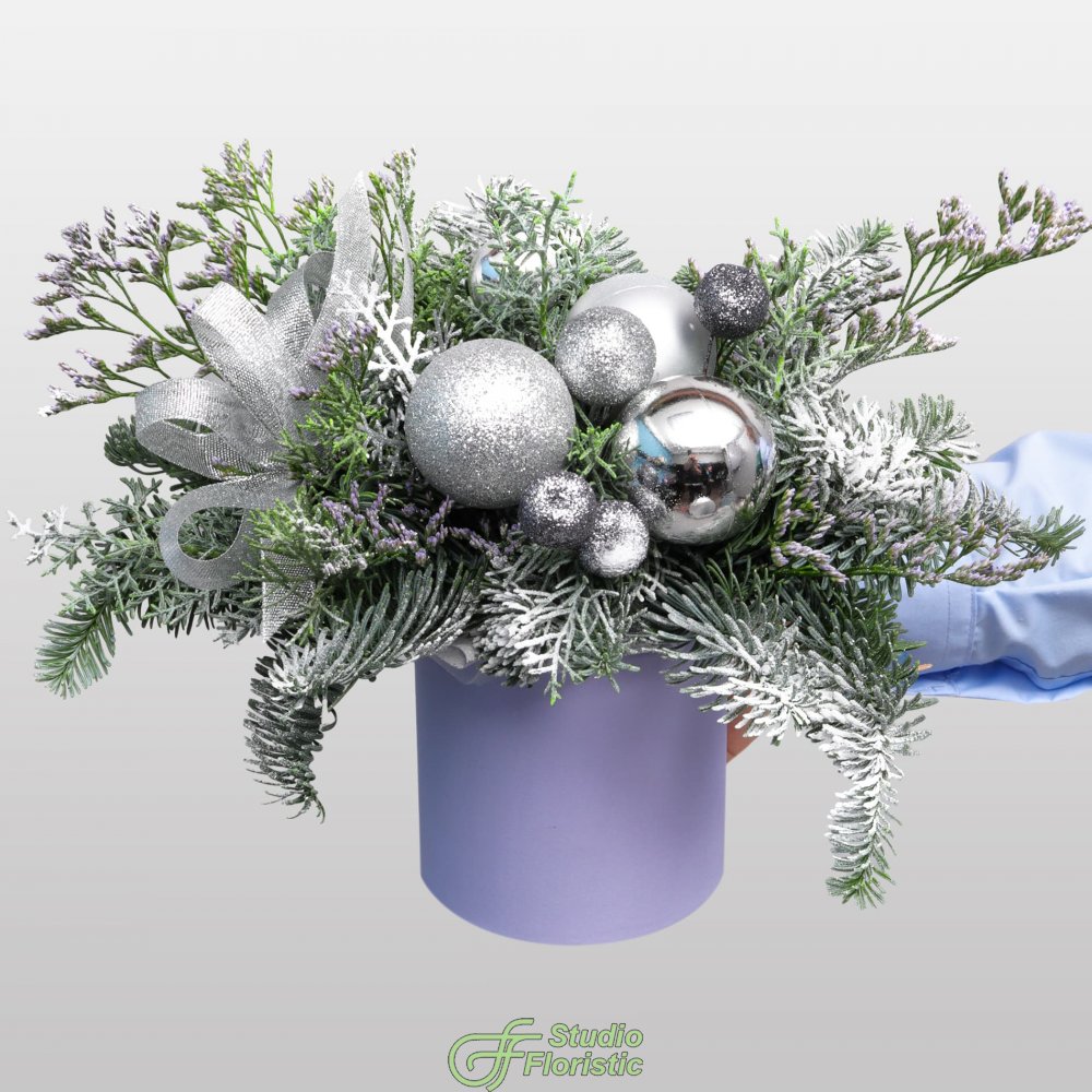 Новогодняя композиция из Нобилиса и Туи в коробке «Ледяная Роскошь» Новогодняя композиция из Нобилиса и Туи в коробке «Ледяная Роскошь»