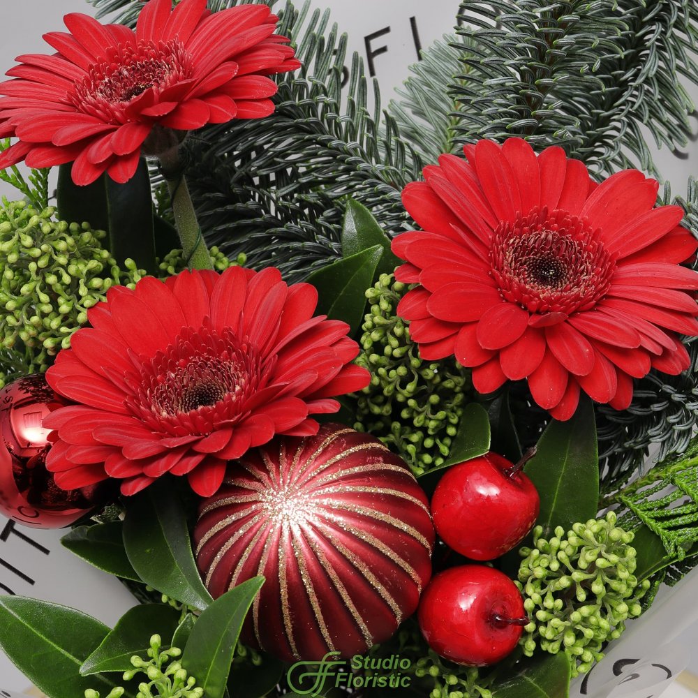 Новогодний букет из Нобилиса, Скиммии и Гермини «Имбирный Пряник» Новогодний букет из Нобилиса, Скиммии и Гермини «Имбирный Пряник»