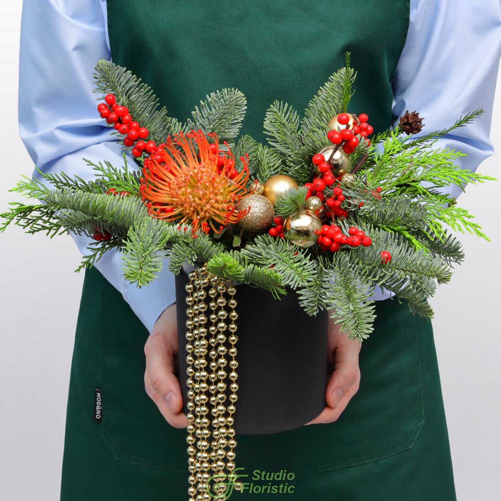 Композиция из Нобилиса, Туи и Леукаспермума в коробке «Путеводная Звезда» Композиция из Нобилиса, Туи и Леукаспермума в коробке «Путеводная Звезда»