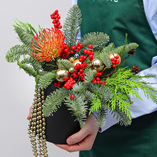 Композиция из Нобилиса, Туи и Леукаспермума в коробке «Путеводная Звезда»