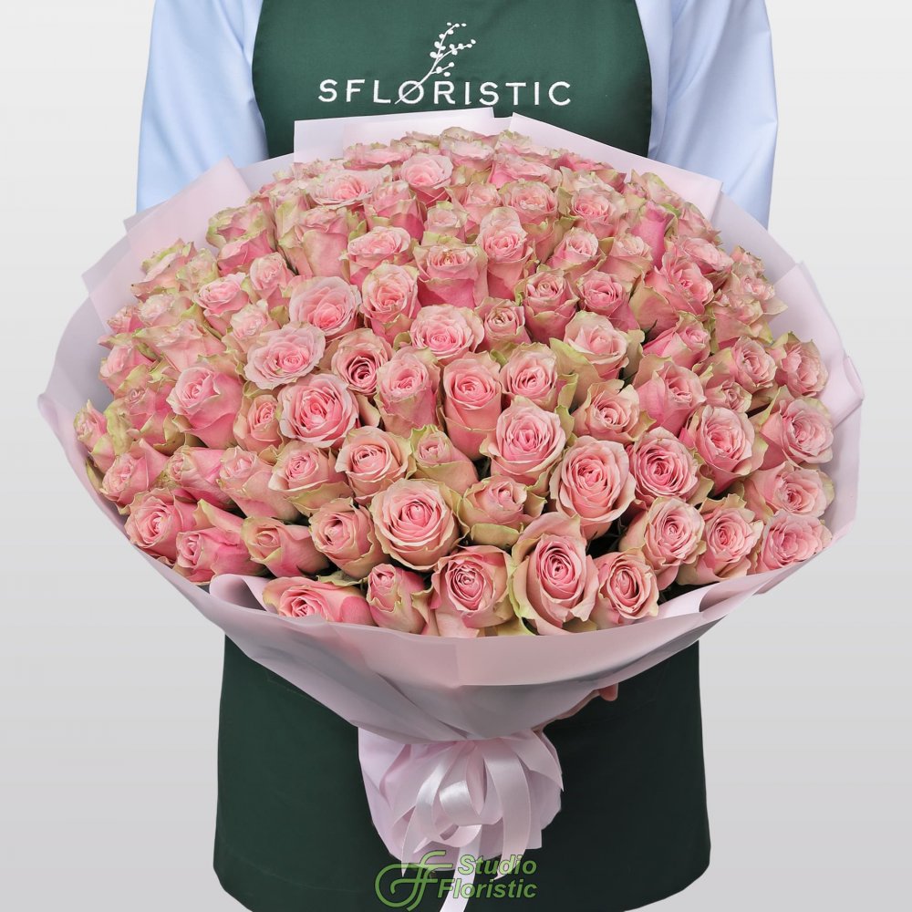 Букет из розовых Роз Кения 60 см 101 шт «Нежный Шлейф» Букет из розовых Роз Кения 60 см 101 шт «Нежный Шлейф»